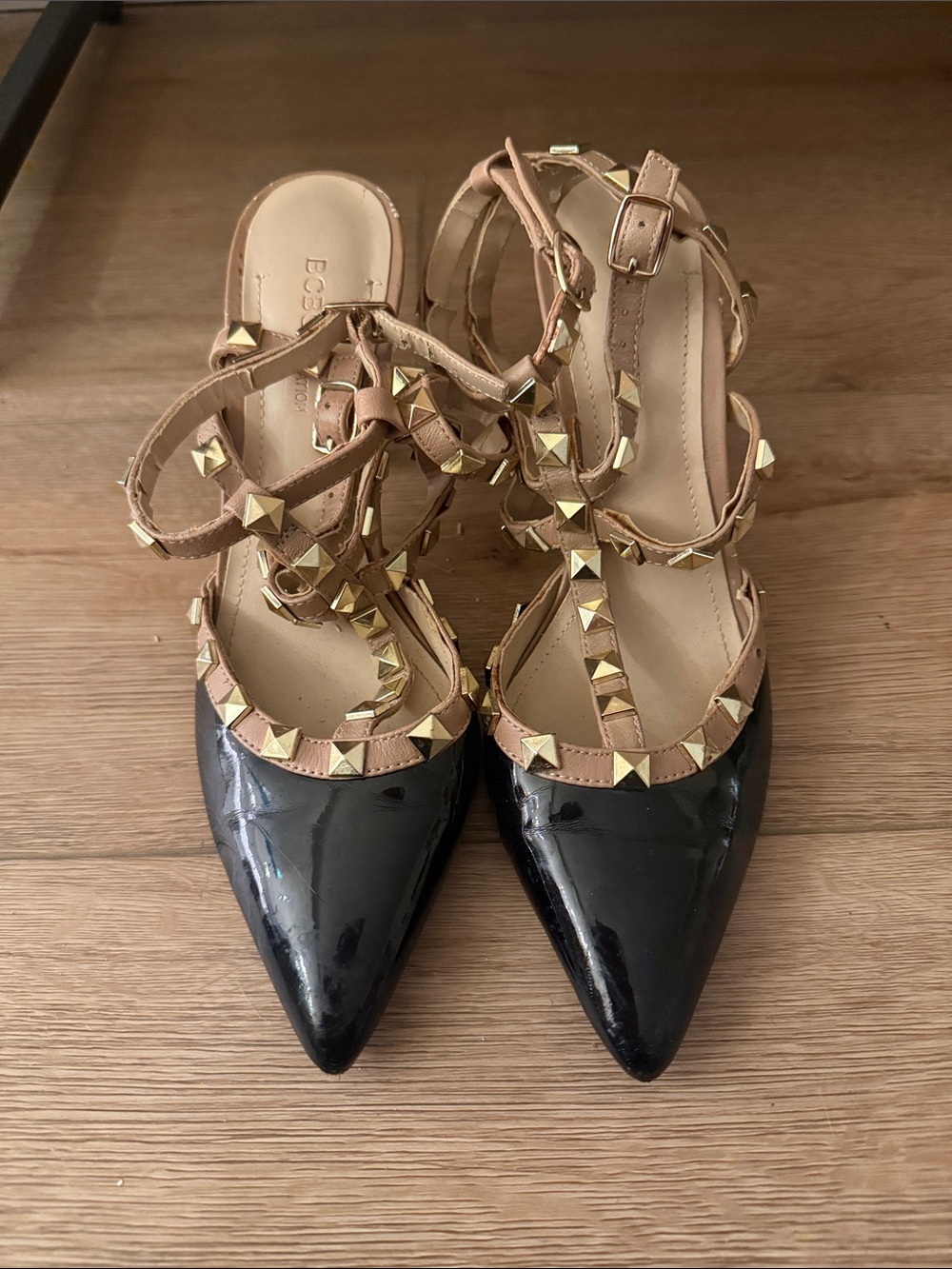 BCBGeneration Black Patent Pointed Flats with Tan Studded Straps